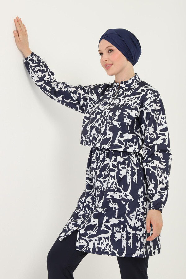 Patterned Full-Cover Swimwear Set Navy - Thumbnail