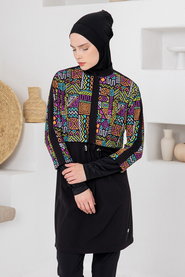 Patterned Long-Sleeve Full-Cover Swimsuit Set - Thumbnail