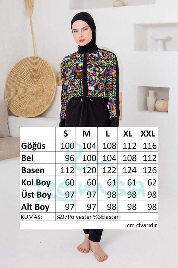 Patterned Long-Sleeve Full-Cover Swimsuit Set - Thumbnail