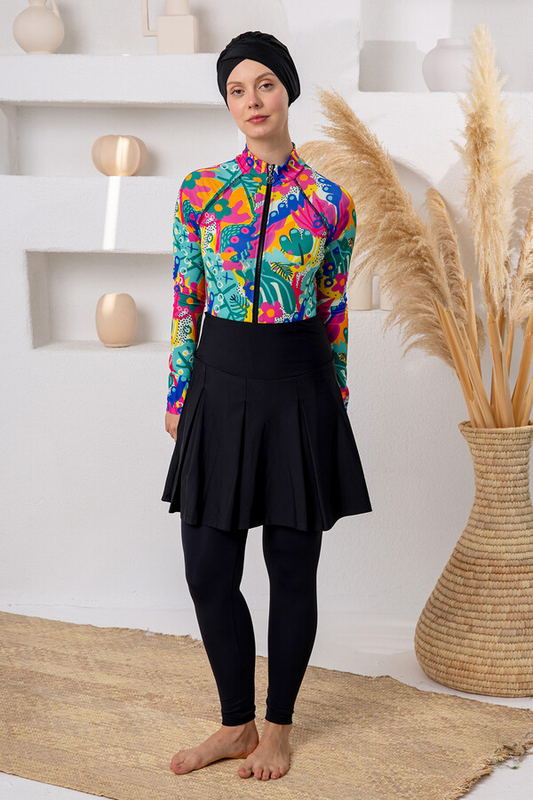 Patterned Long-Sleeve Modest Swimsuit with A-Line Skirt - Thumbnail