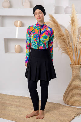 Adasea - Patterned Long-Sleeve Modest Swimsuit with A-Line Skirt