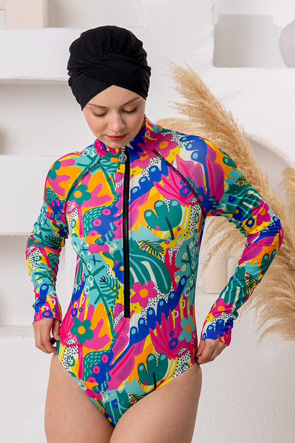 Patterned Long-Sleeve Modest Swimsuit with A-Line Skirt - Thumbnail