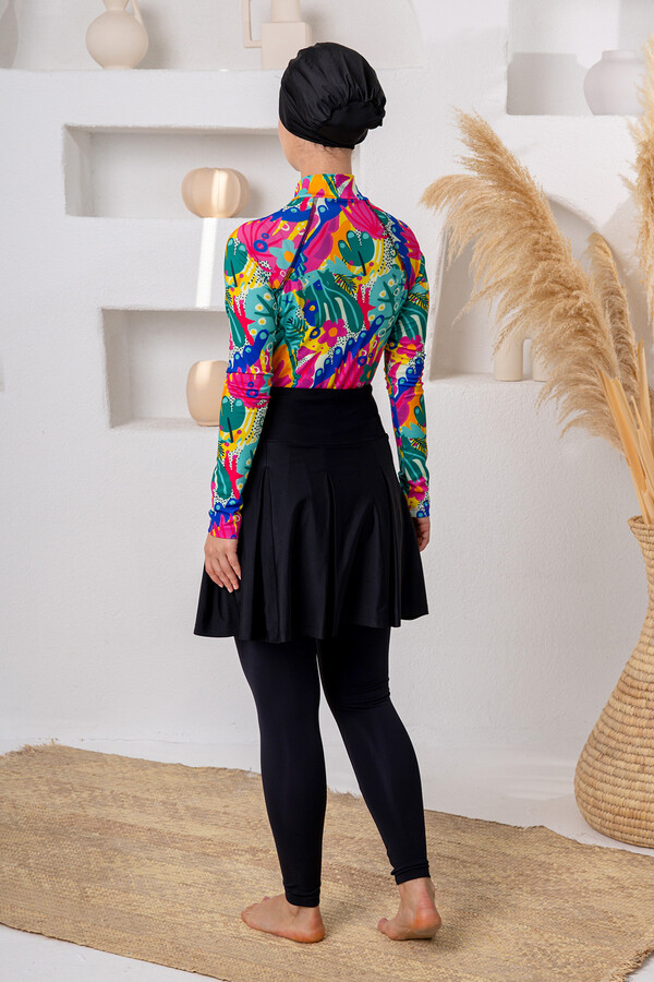 Patterned Long-Sleeve Modest Swimsuit with A-Line Skirt - Thumbnail