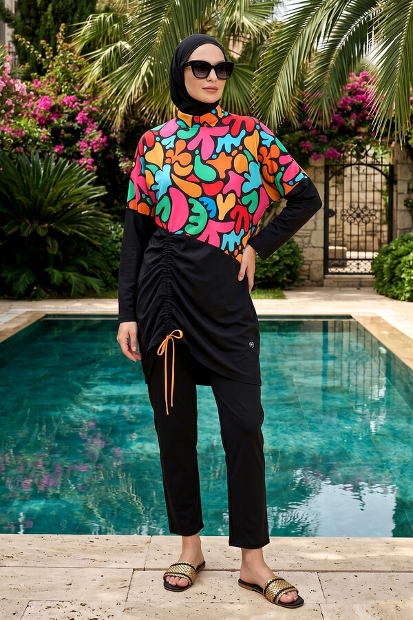 Patterned Long-Sleeve Modest Swimwear Set - Thumbnail