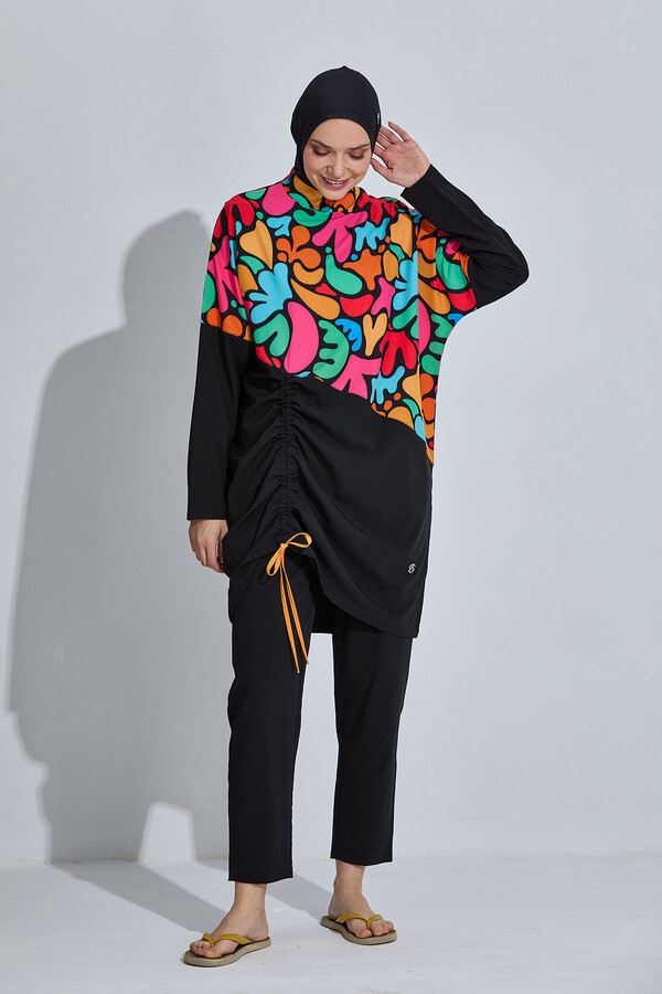 Patterned Long-Sleeve Modest Swimwear Set - Thumbnail