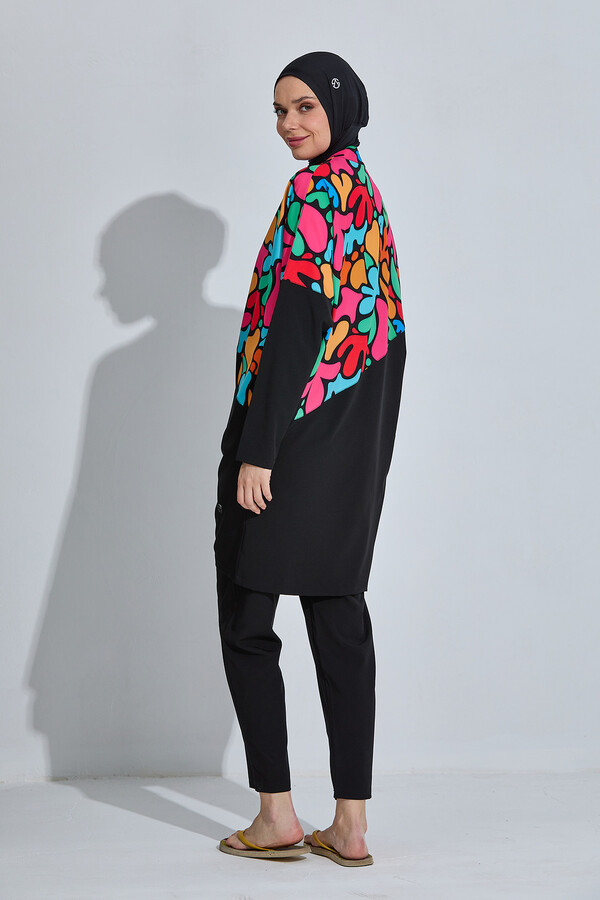 Patterned Long-Sleeve Modest Swimwear Set - Thumbnail