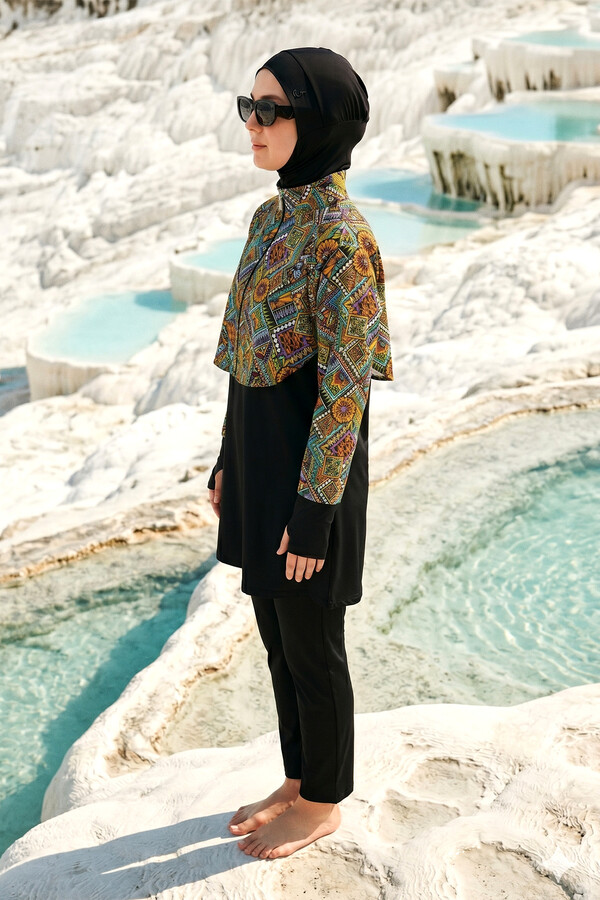 Patterned Long-Sleeve Tunic and Sport Legging Modest Swimwear Set - Thumbnail