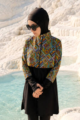 Remsa - Patterned Long-Sleeve Tunic and Sport Legging Modest Swimwear Set (1)