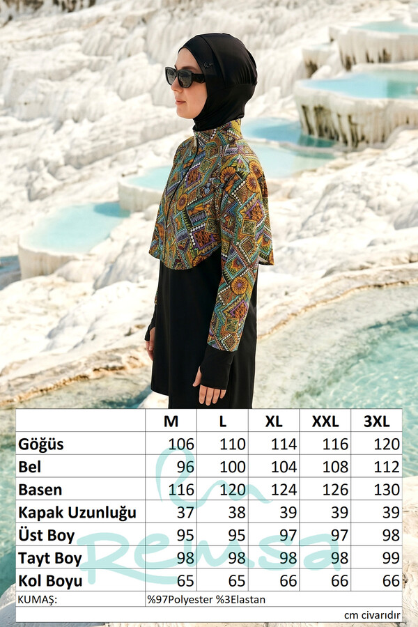Patterned Long-Sleeve Tunic and Sport Legging Modest Swimwear Set - Thumbnail
