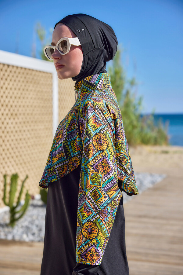 Patterned Long-Sleeve Tunic and Sport Legging Modest Swimwear Set - Thumbnail
