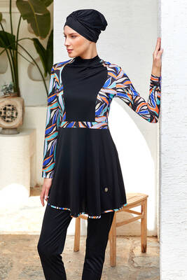 Rozamay - Patterned Panel Full Coverage Modest Swimsuit 3117 Black Rozamay - Patterned Panel Full Coverage Modest Swimsuit 3117 Black