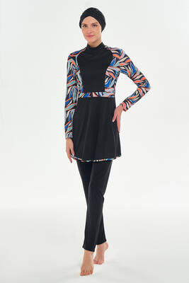 Rozamay - Patterned Panel Full Coverage Modest Swimsuit 3117 Black (1) Rozamay - Patterned Panel Full Coverage Modest Swimsuit 3117 Black (1)