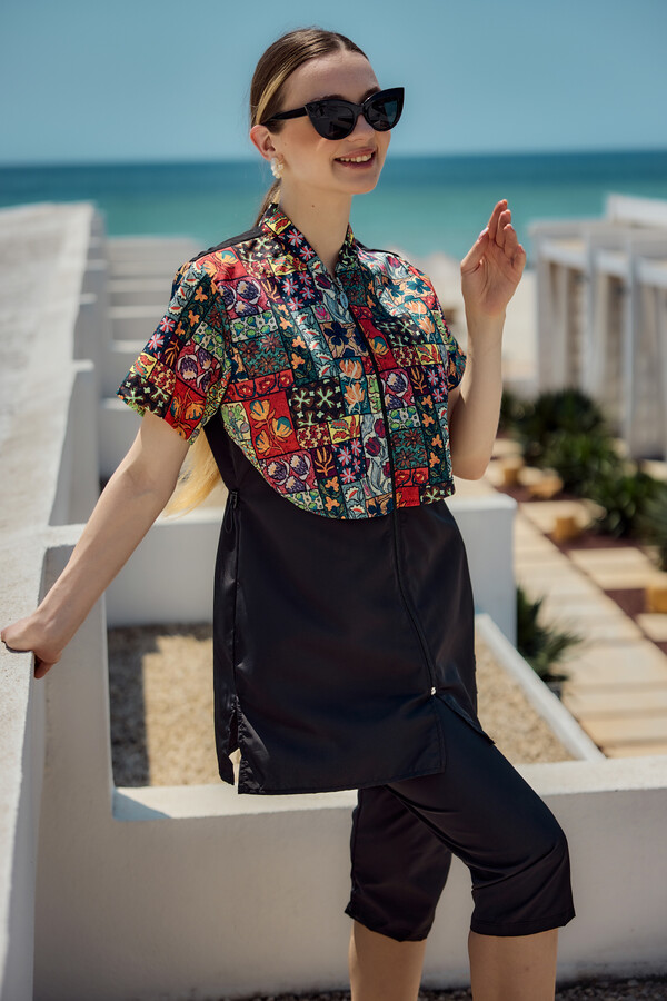 Patterned Short-Sleeve Modest Swimwear Set Nurel - Thumbnail