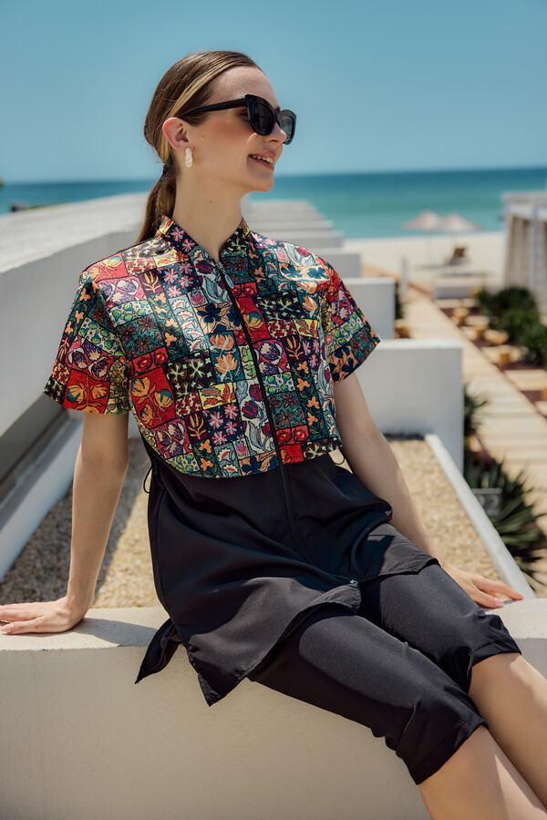 Patterned Short-Sleeve Modest Swimwear Set Nurel - Thumbnail