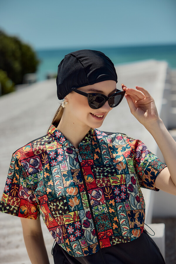 Patterned Short-Sleeve Modest Swimwear Set Nurel - Thumbnail