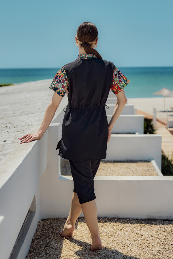 Patterned Short-Sleeve Modest Swimwear Set Nurel - Thumbnail