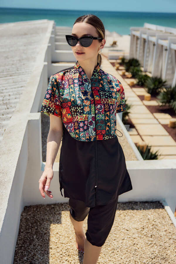 Patterned Short-Sleeve Modest Swimwear Set Nurel - Thumbnail