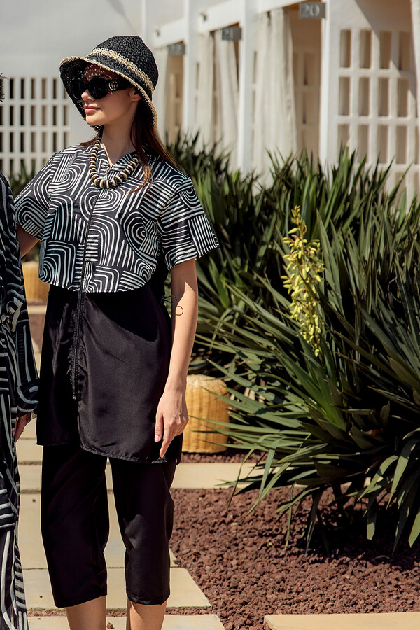 Patterned Short Sleeve Modest Swimwear Set Nurel - Thumbnail