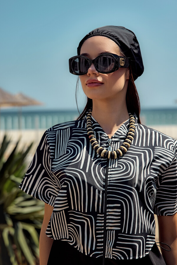 Patterned Short Sleeve Modest Swimwear Set Nurel - Thumbnail