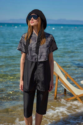 Remsa - Patterned Short Sleeve Modest Swimwear Set Nurel