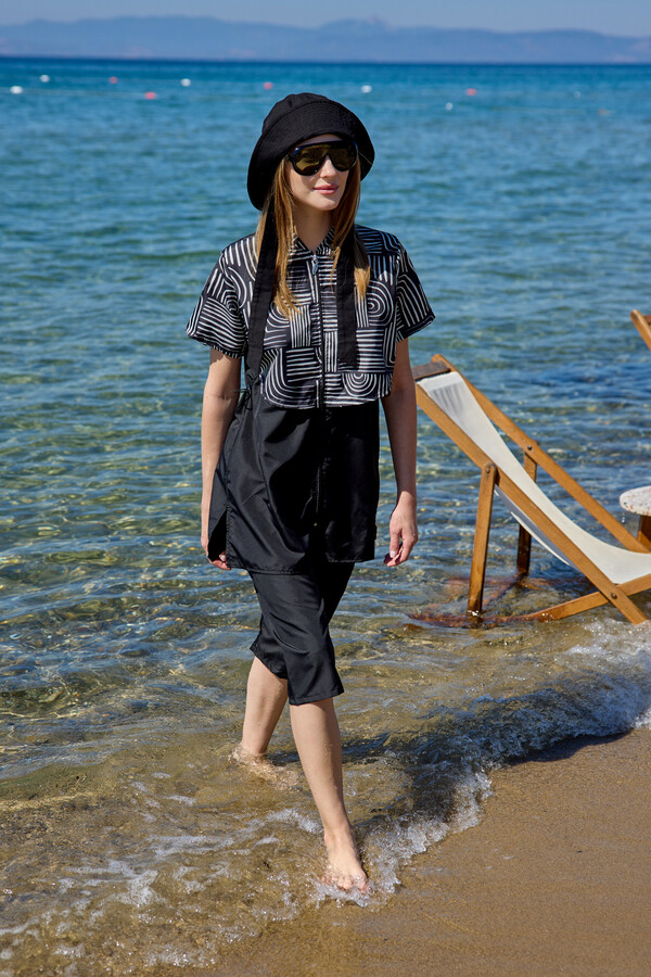 Patterned Short Sleeve Modest Swimwear Set Nurel - Thumbnail