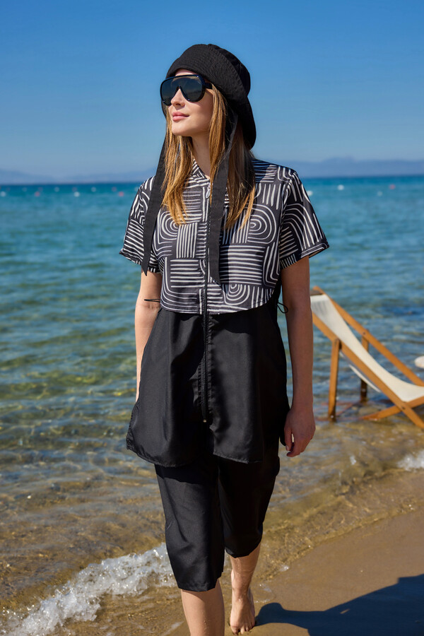 Patterned Short Sleeve Modest Swimwear Set Nurel - Thumbnail