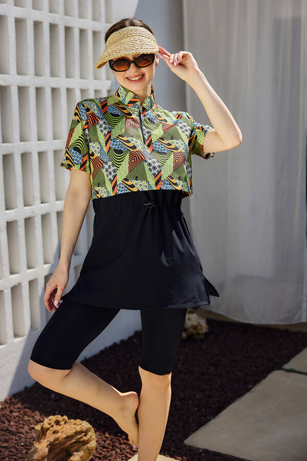 Patterned Short Sleeve Semi-Covered Modest Swimwear Set - Thumbnail