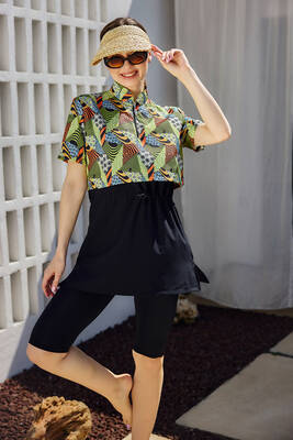 Remsa - Patterned Short Sleeve Semi-Covered Modest Swimwear Set (1)