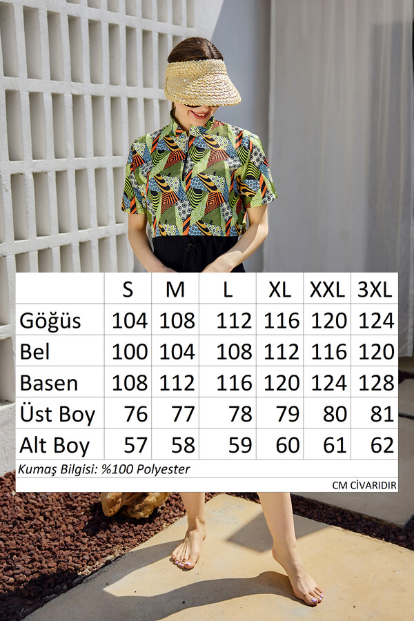 Patterned Short Sleeve Semi-Covered Modest Swimwear Set - Thumbnail