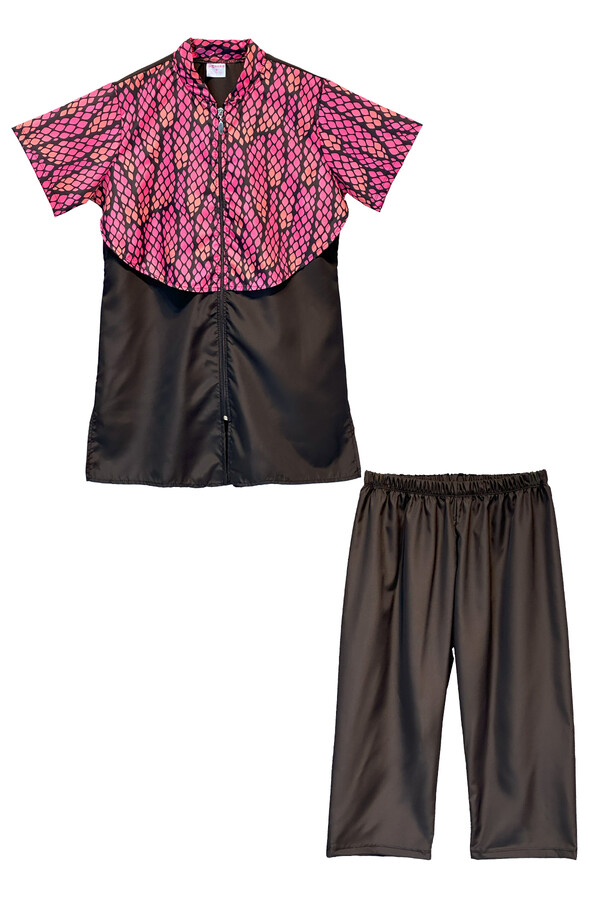 Patterned Short-Sleeve Semi-Covered Swimwear Set - Thumbnail
