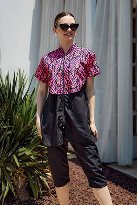 Remsa - Patterned Short-Sleeve Semi-Covered Swimwear Set