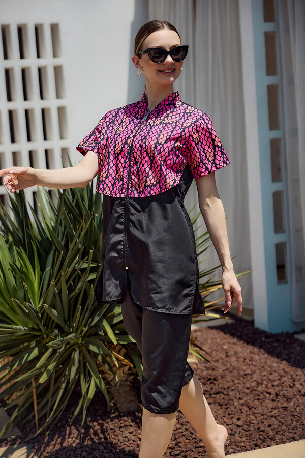 Patterned Short-Sleeve Semi-Covered Swimwear Set - Thumbnail