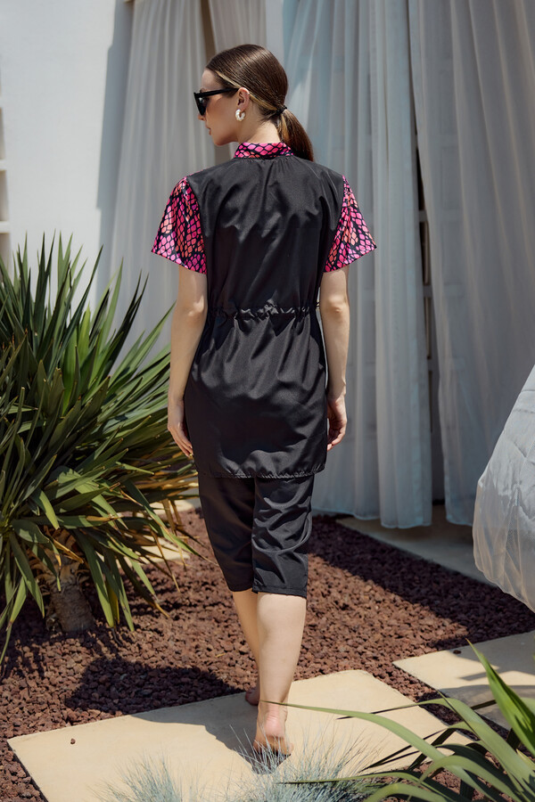 Patterned Short-Sleeve Semi-Covered Swimwear Set - Thumbnail