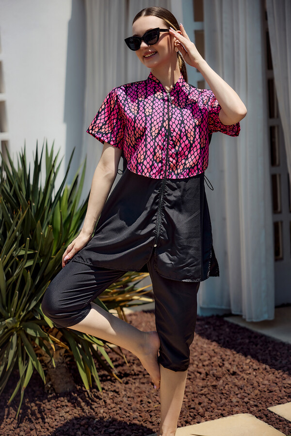 Patterned Short-Sleeve Semi-Covered Swimwear Set - Thumbnail