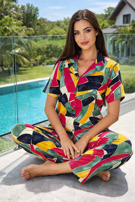 Remsa - Patterned Short Sleeve Stretch Viscose Pajama Set 0283 Cream (1)