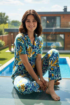 Remsa - Patterned Short Sleeve Stretch Viscose Pajama Set Petrol (1)