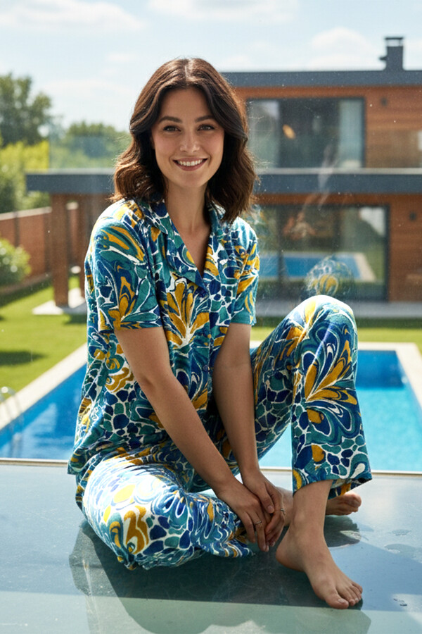 Patterned Short Sleeve Stretch Viscose Pajama Set Petrol - Thumbnail