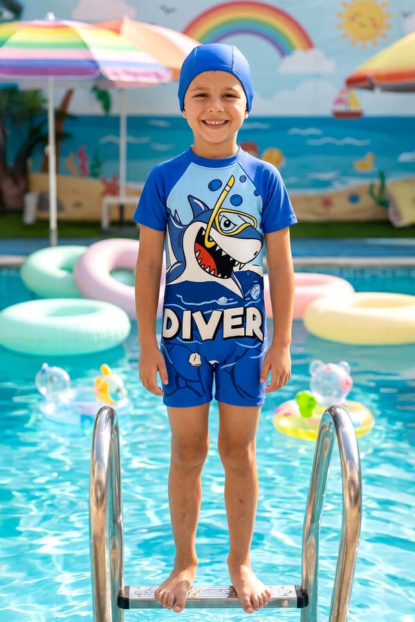 Patterned Short-Sleeve Swimwear Set for Boys - Thumbnail
