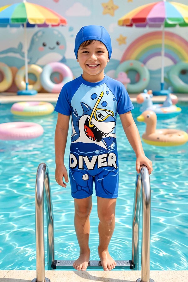 Patterned Short-Sleeve Swimwear Set for Boys - Thumbnail