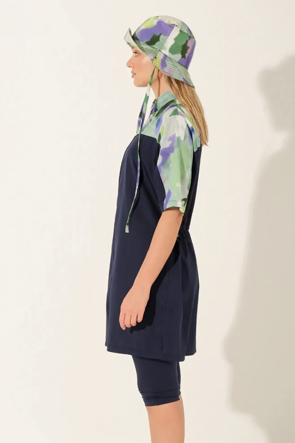 Patterned Short-Sleeve Tunic Modest Swimwear with Swim Cap - Thumbnail