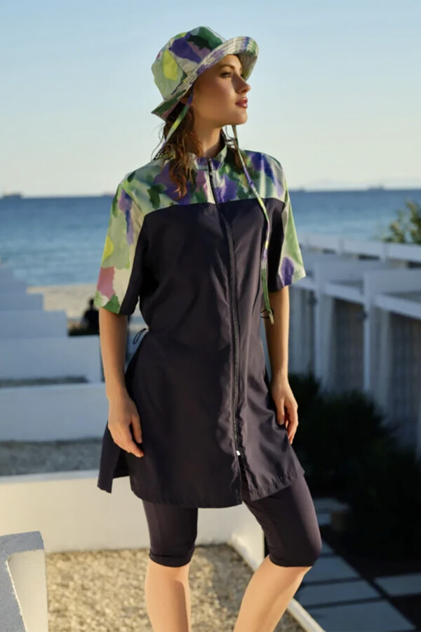 Patterned Short-Sleeve Tunic Modest Swimwear with Swim Cap - Thumbnail