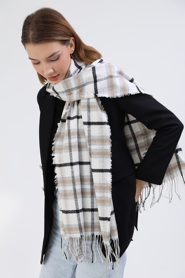 Patterned Shoulder Scarf Scarf 60x185 cm 3800 Gray Ecru - Thumbnail