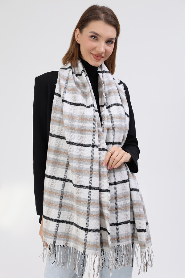 Patterned Shoulder Scarf Scarf 60x185 cm 3800 Gray Ecru - Thumbnail