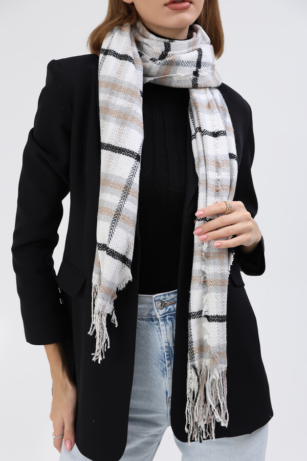 Patterned Shoulder Scarf Scarf 60x185 cm 3800 Gray Ecru - Thumbnail