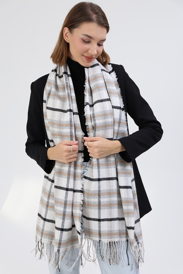 Patterned Shoulder Scarf Scarf 60x185 cm 3800 Gray Ecru - Thumbnail