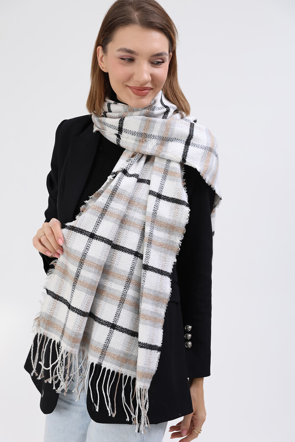 Patterned Shoulder Scarf Scarf 60x185 cm 3800 Gray Ecru - Thumbnail