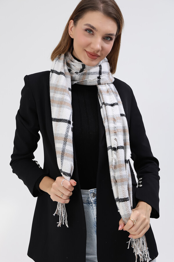 Patterned Shoulder Scarf Scarf 60x185 cm 3800 Gray Ecru - Thumbnail