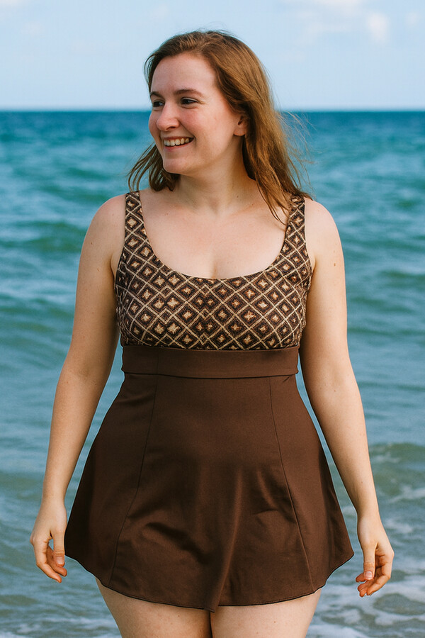 Patterned Skirted Swimsuit Full-Cover Swimwear - Thumbnail