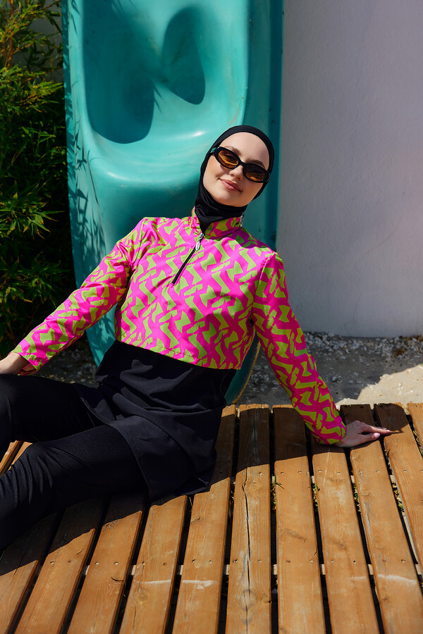 Full-Cover Modest Swimwear Set Black/Patterned Remsa Mayo - Thumbnail