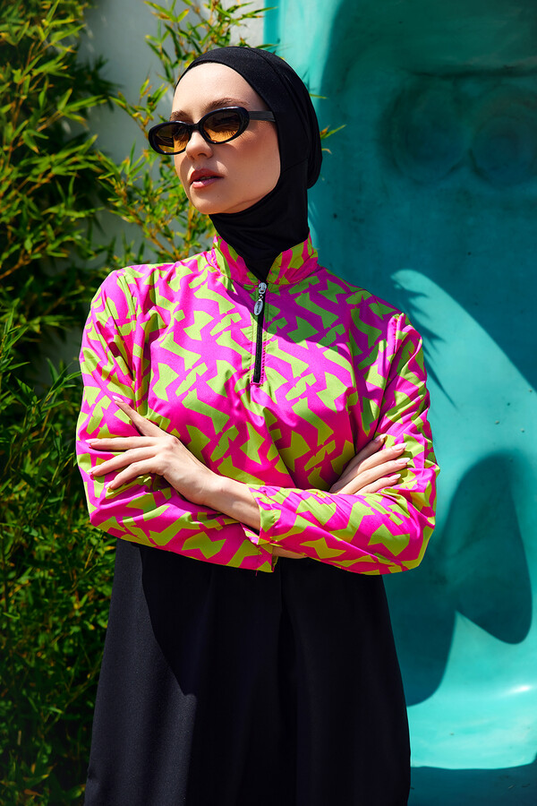 Full-Cover Modest Swimwear Set Black/Patterned Remsa Mayo - Thumbnail